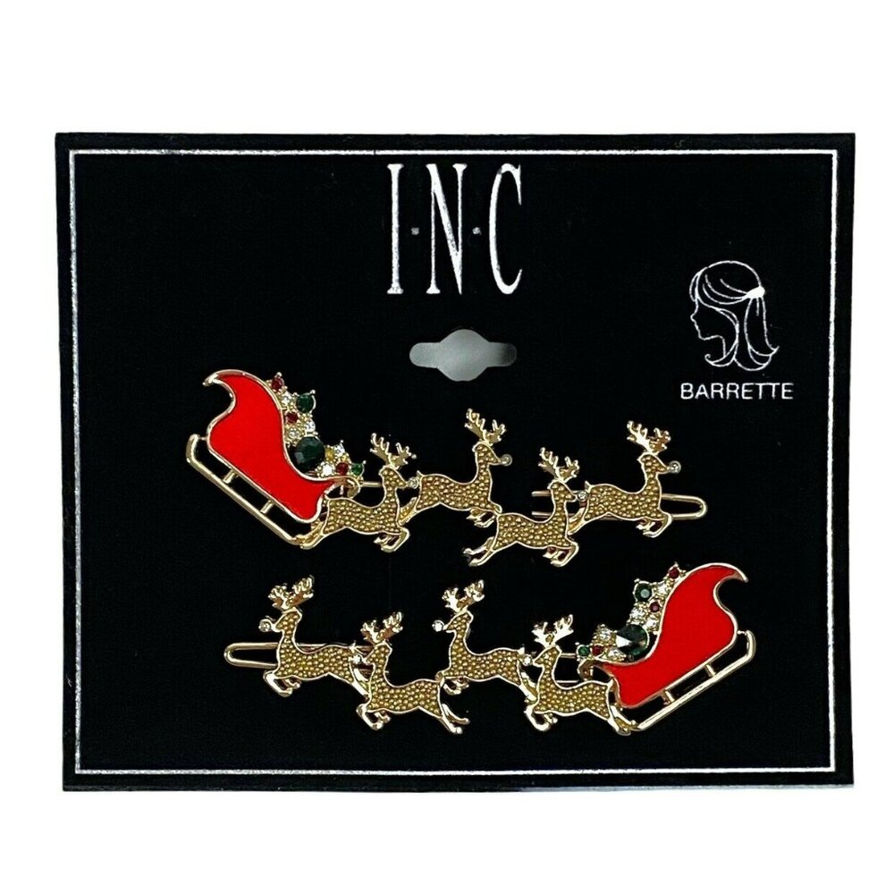 Santa and Reindeer Gold-Tone Hair Barrette Set Green Red and Clear Rhinestones